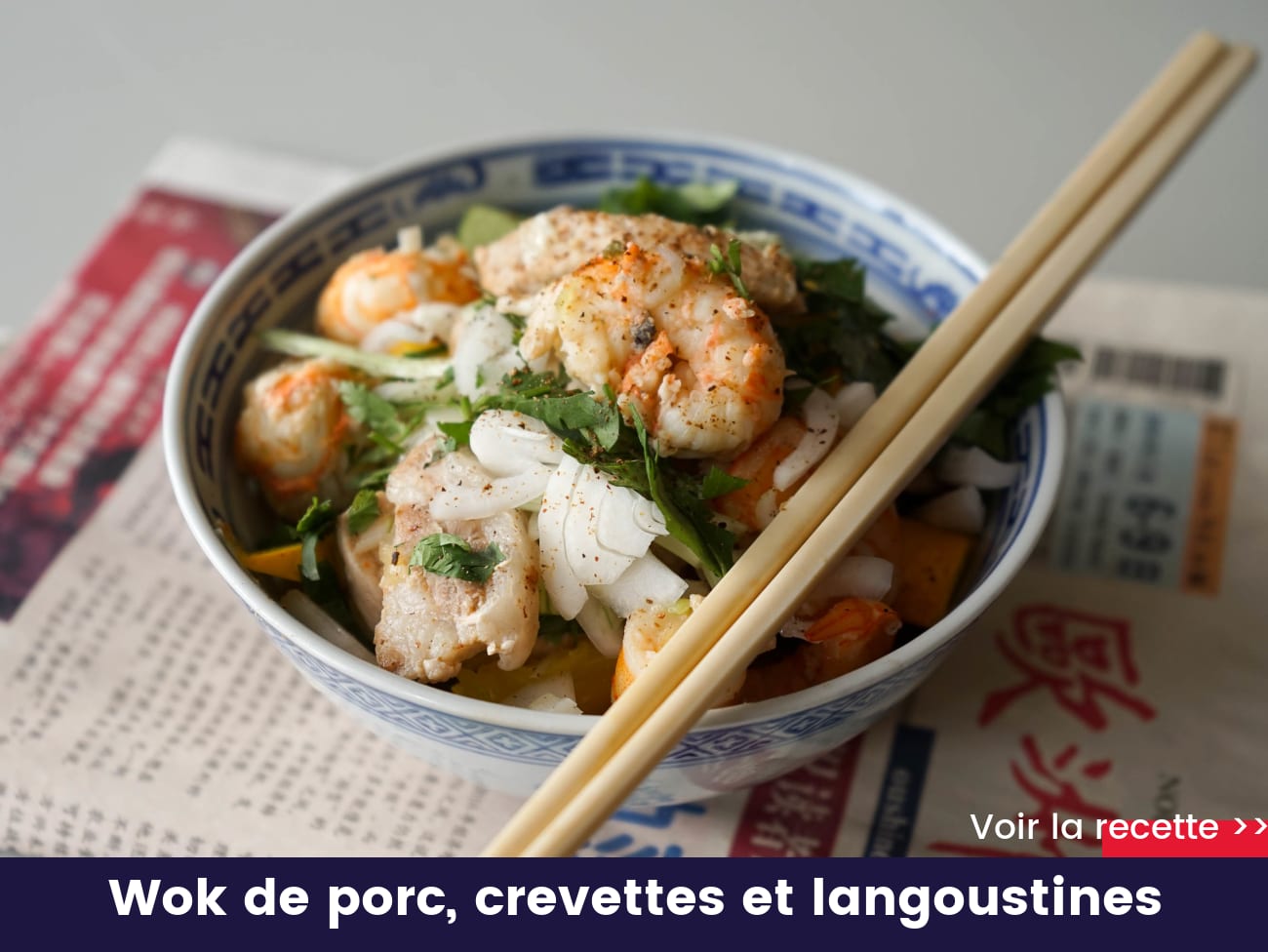 Wok de porc, crevettes et langoustines